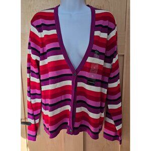 Liz Claiborne Womens XL Striped V-Neck Cardigan Button Front Multi-Color Design